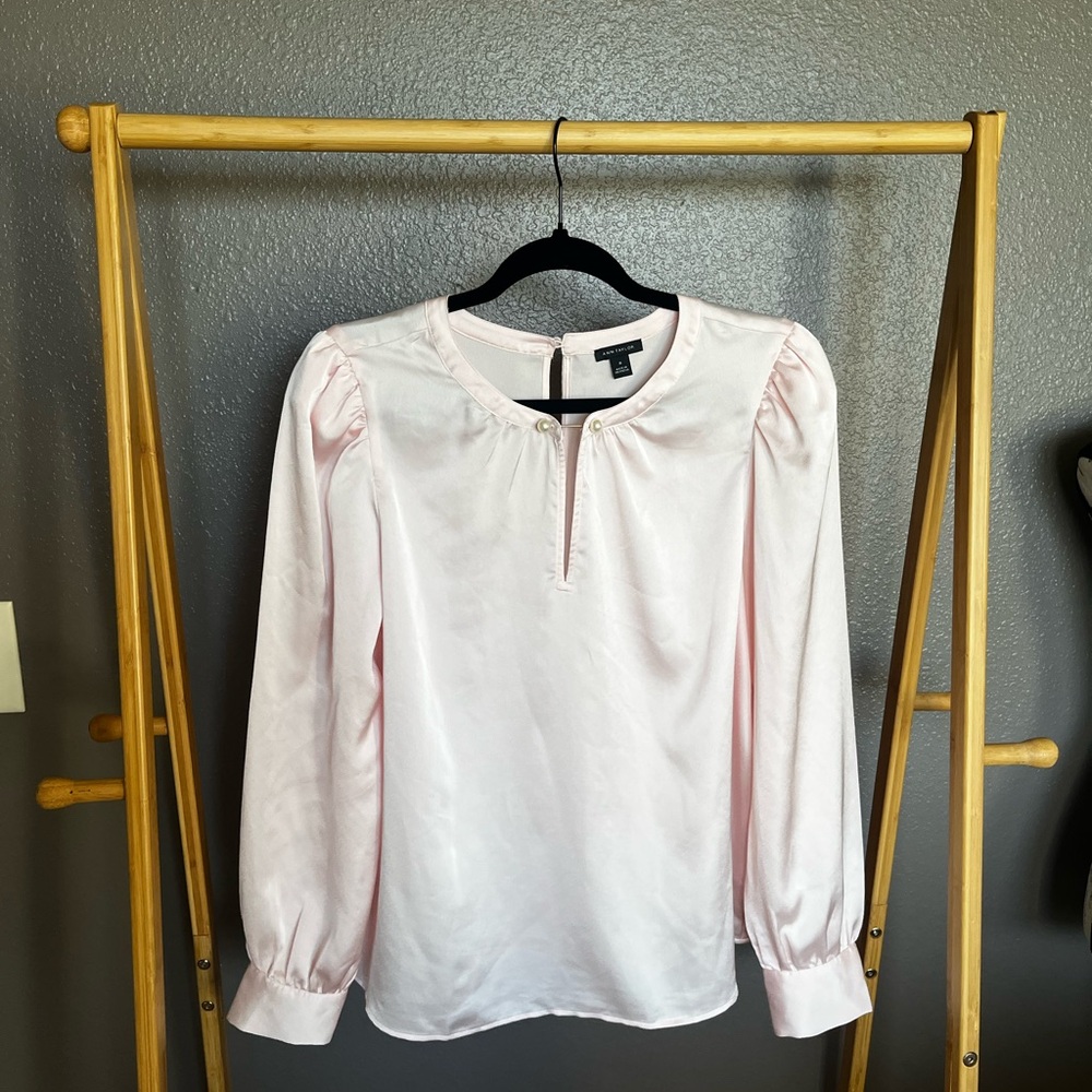 Ann Taylor Pale Pink Satin Long-Sleeve Blouse